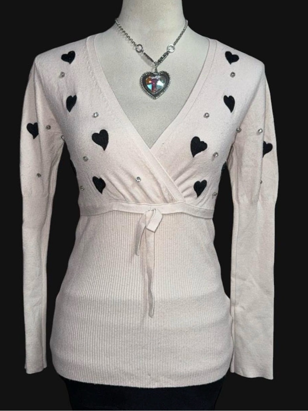 lola Light Pink V-Neck Wrap Sweater with Black Heart Appliqués